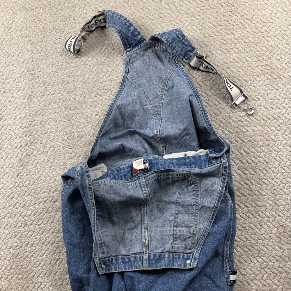 Vintage Tommy Hilfiger Denim Shortalls Womens Large Blue Logo Straps 90s Y2K - Picture 9 of 16